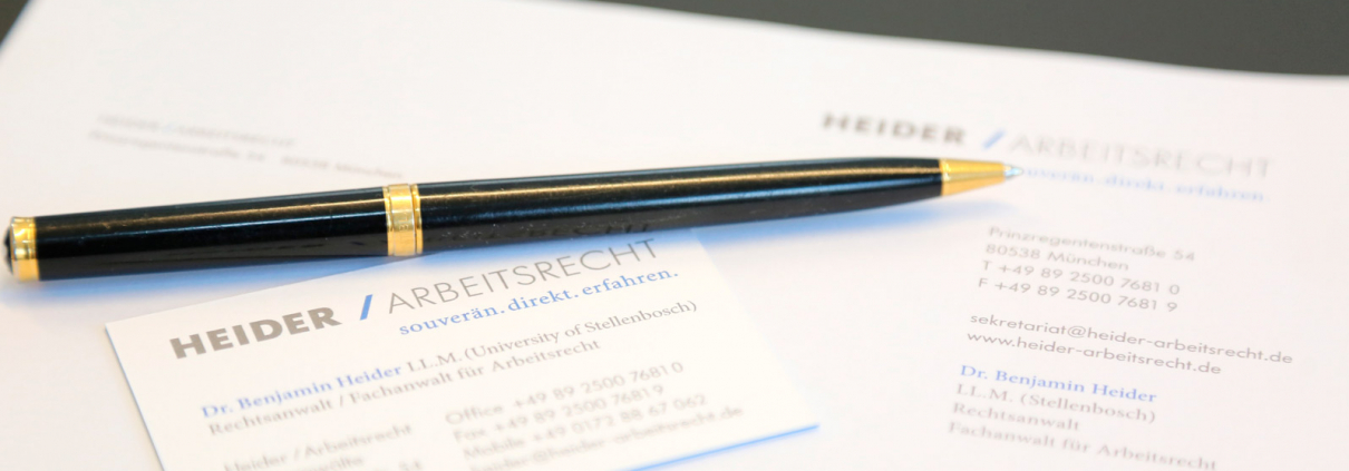 Visitenkarte von Dr. Benjamin Heider, Rechtsanwalt, Fachanawalt für Arbeitsrecht und Briefbogen